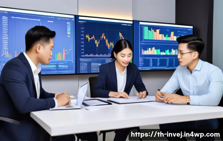 대체투자 포트폴리오 투자 성향 분석 - A detailed professional office scene showing a diverse group of Thai investors analyzing alternative...