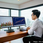 대체투자 포트폴리오에서의 리치 투자 - A modern Thai investor sitting at a sleek wooden desk in a cozy home office decorated with tradition...