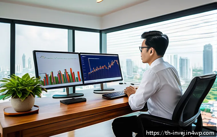 대체투자 포트폴리오에서의 리치 투자 - A modern Thai investor sitting at a sleek wooden desk in a cozy home office decorated with tradition...